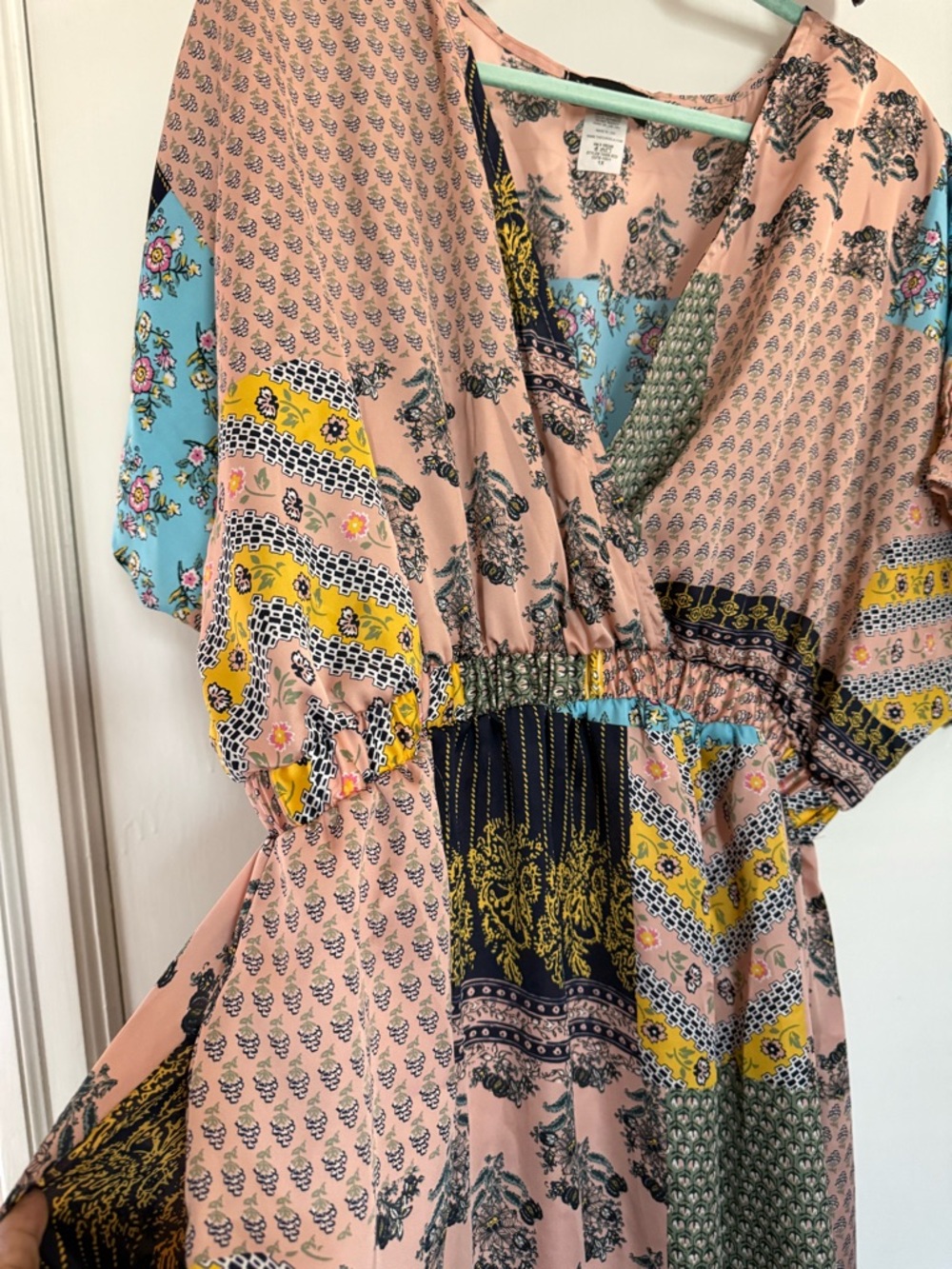 The Curve Like New 1X Boho Patchwork Wrap Dress in Pink, Blue & Yellow - Picture 2 of 6